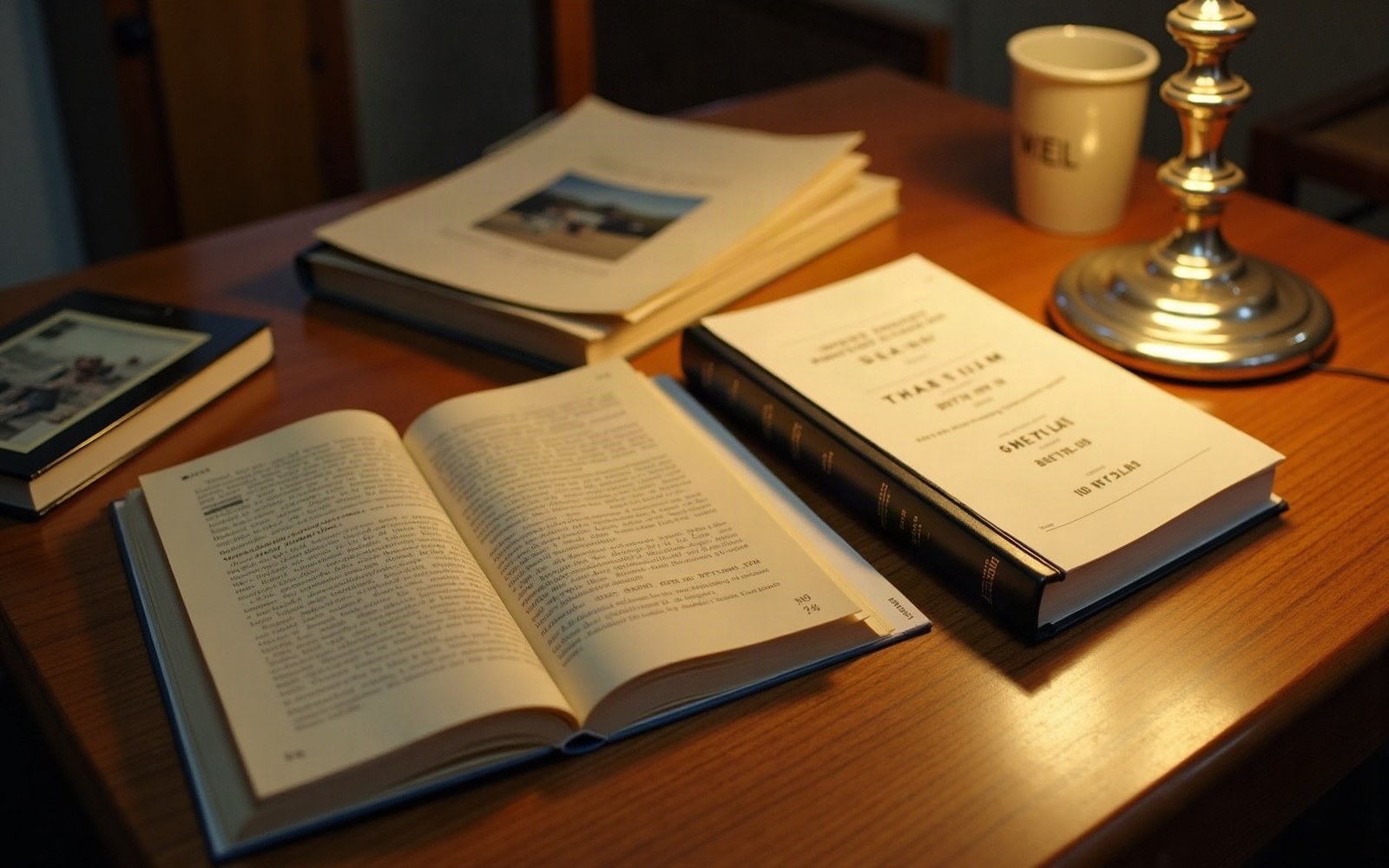 Open hardcover book and stacked papers on a wooden desk beside a brass lamp