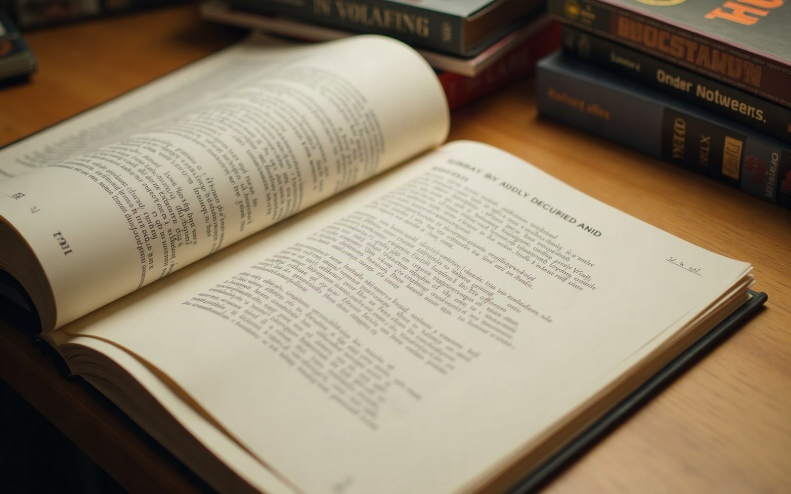 An open book with dense text lies on a wooden table beside a stack of books