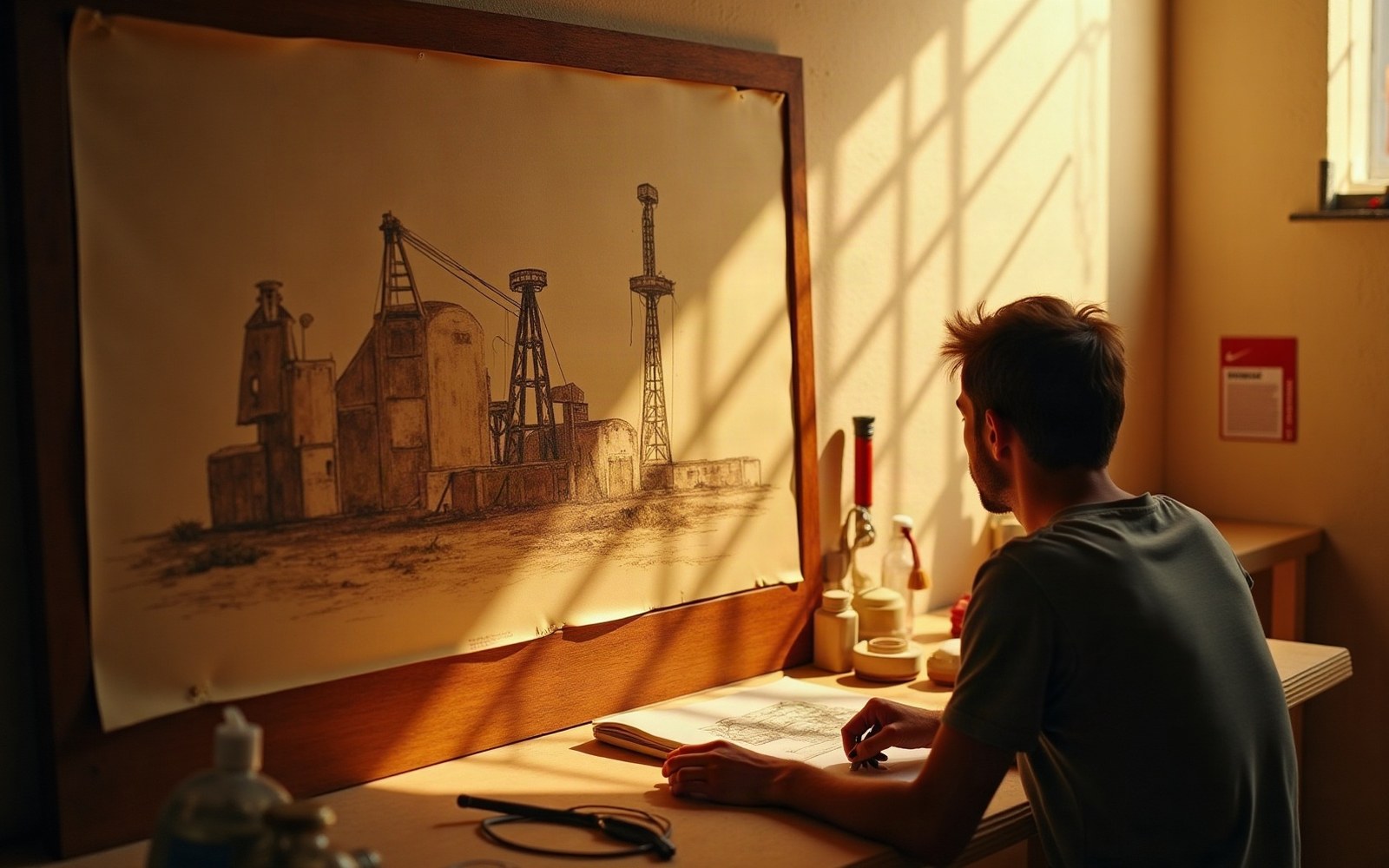 A man studies a detailed pencil drawing of industrial oil derricks pinned to a drafting board