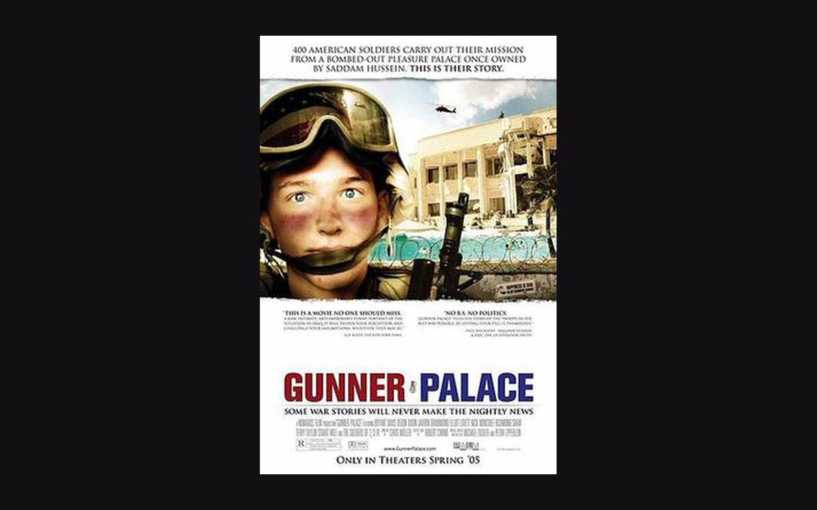 Movie poster for Gunner Palace showing a soldier's face beside a bombed palace with a pool