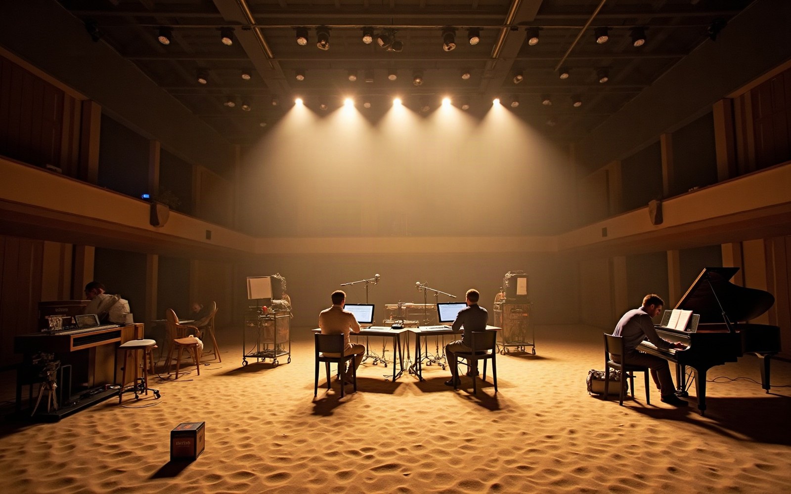 Musicians with laptops and a grand piano perform on a sand-covered concert hall floor