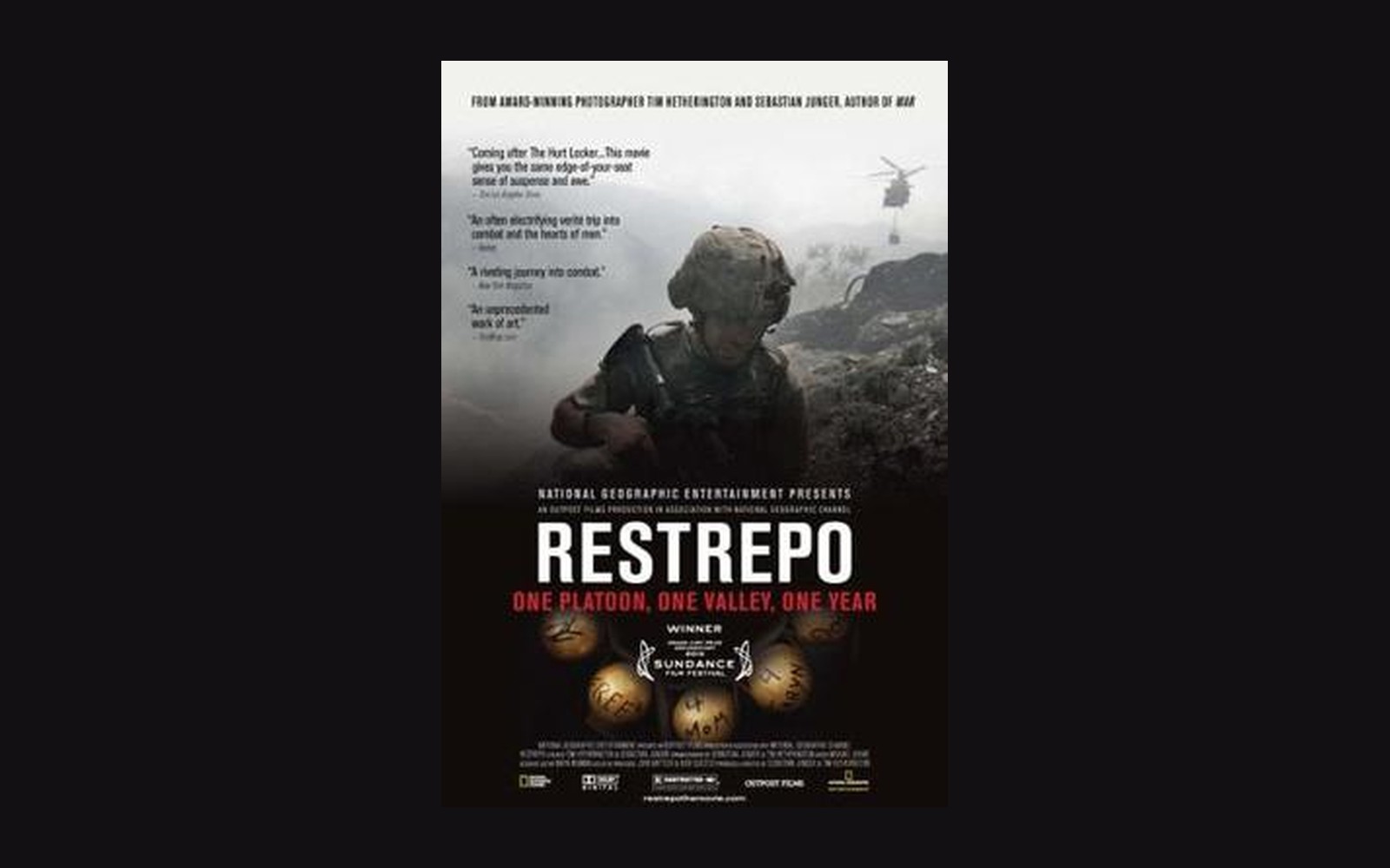 Movie poster for the war documentary Restrepo, showing a soldier in mountainous terrain