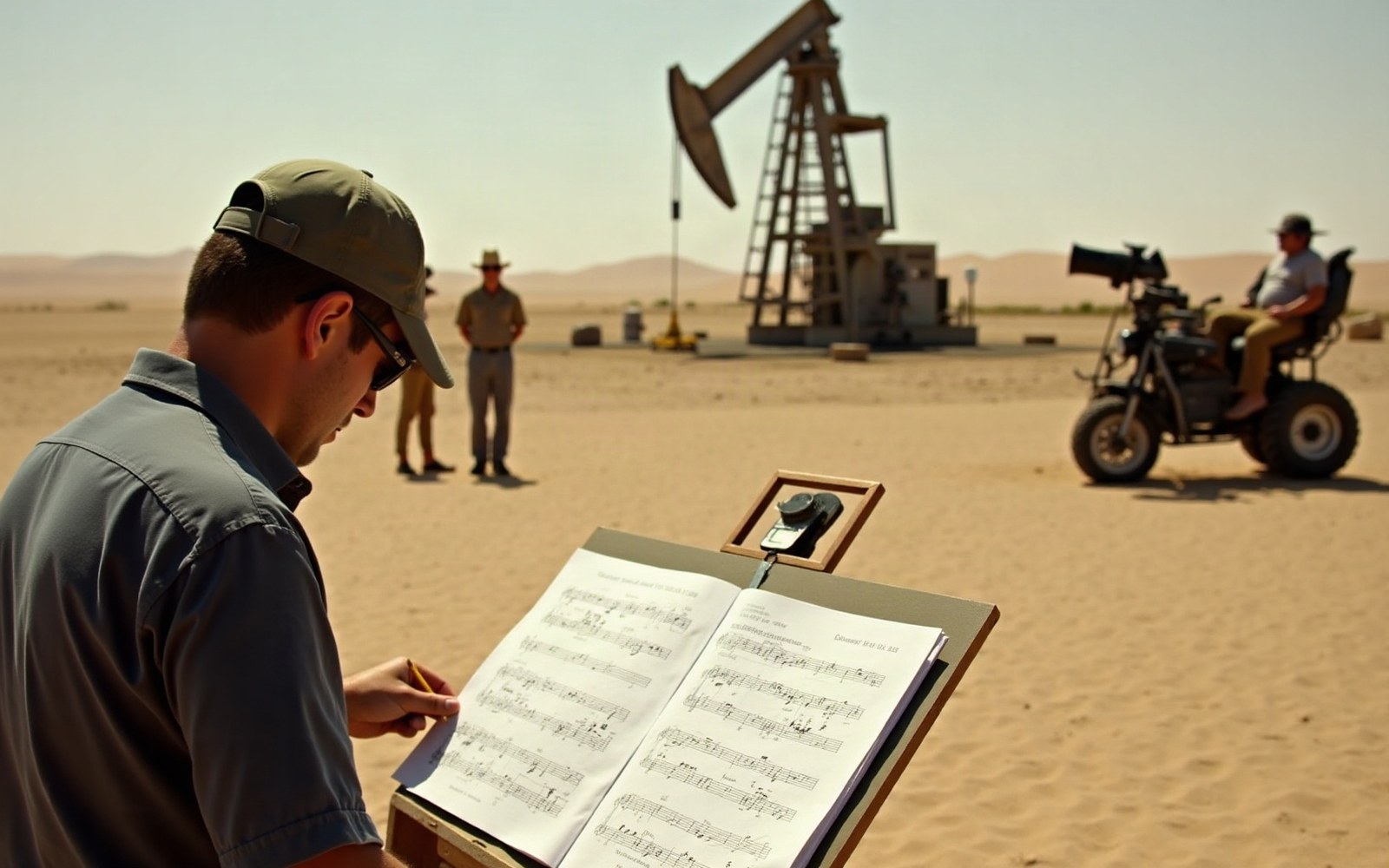 A crew member reads sheet music near an oil pump jack in the desert