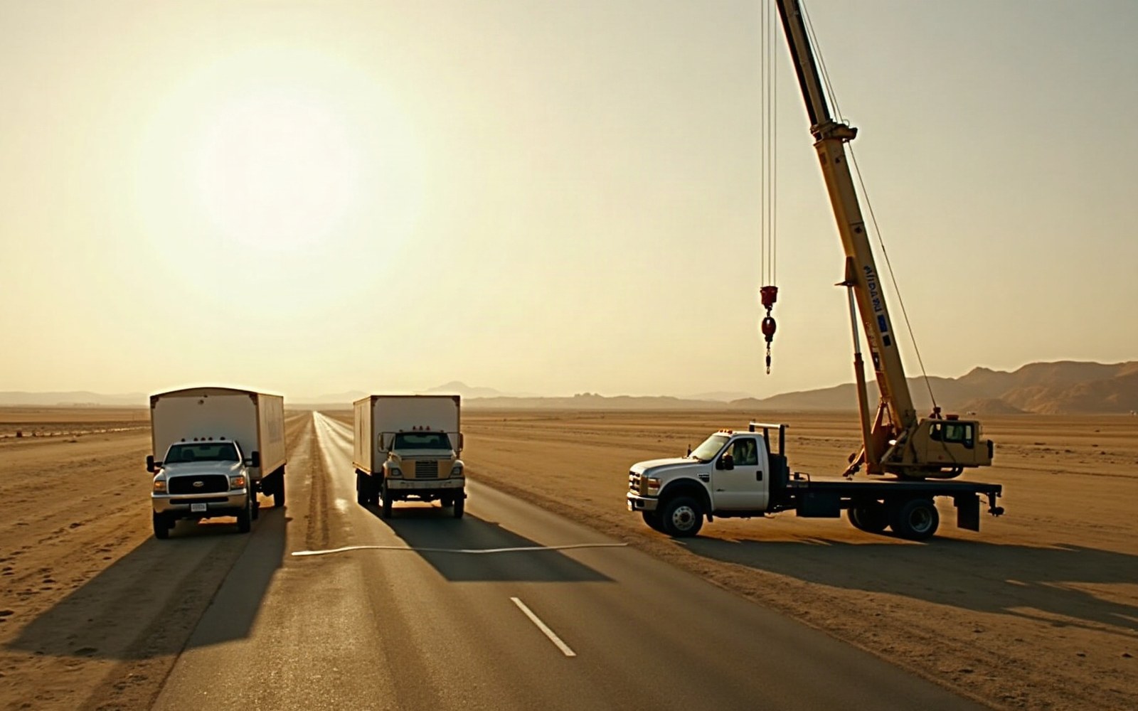 Wide Imperial Valley shot with a small film crew, trucks and a crane amid dunes stretching to the horizon